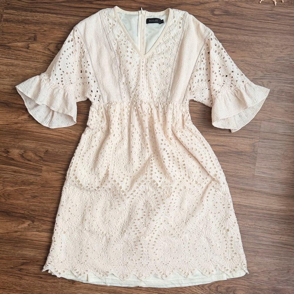 Roolee Cream Eyelet V-neck Knee Length Empire Dress Small